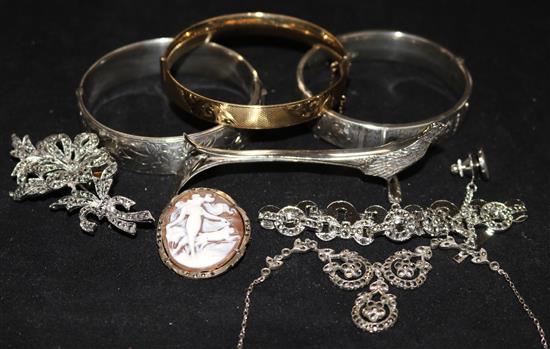 Two silver hinged bangles and mixed costume jewellery.